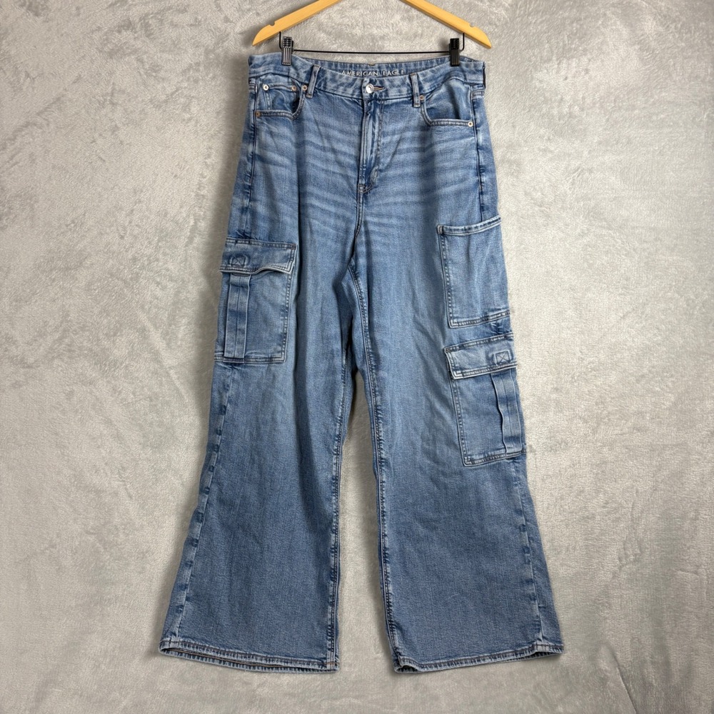 American Eagle Jeans Curvy Super High-Rise Baggy Wide Leg Cargo Blue 16 Grunge